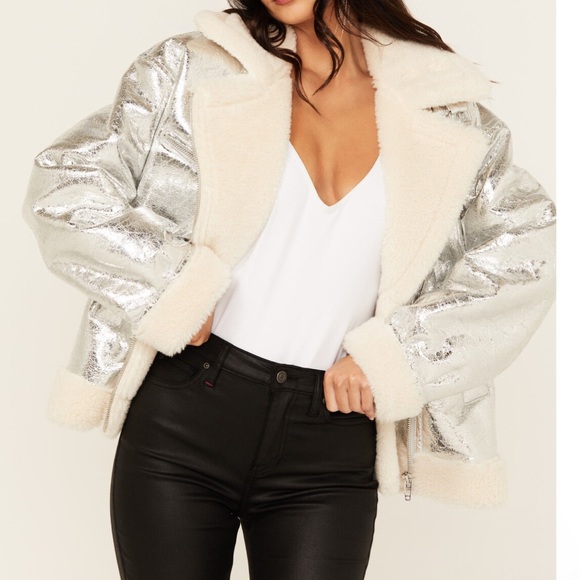 BLANK NYC Silver Metallic Faux Shearling Aviator Jacket Cozy Moto Zip SZ L - Picture 10 of 12